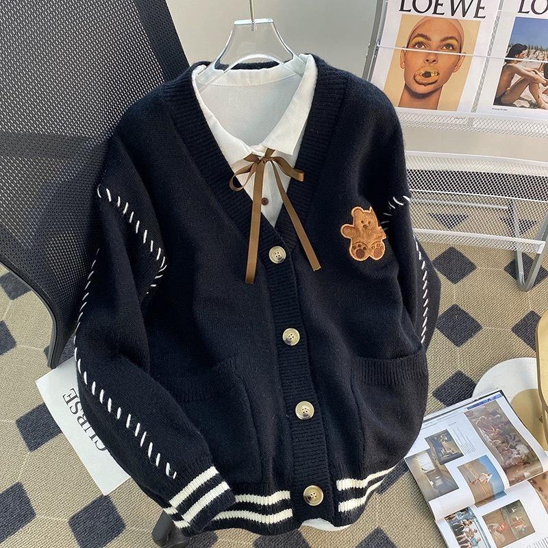 Women's Korean Bear Knit Cardigan with Pockets - 2025 Autumn/Winter Lazy Style