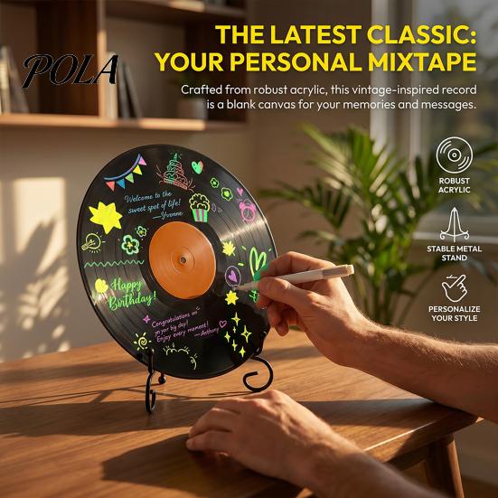 Personalized Vinyl Record Gift DIY Graffiti Clock Ornament, Reusable Blank Acrylic Retro Tabletop Decorative Display Wall Decor with Stand,