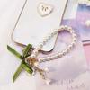 Fashion Bell Orchid Pendant Keychain Pretty Pearl Strap Key Ring Green Ribbon Bow Key Chain  Girl