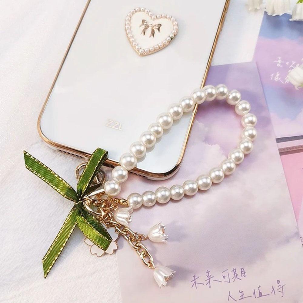 Fashion Bell Orchid Pendant Keychain Pretty Pearl Strap Key Ring Green Ribbon Bow Key Chain  Girl