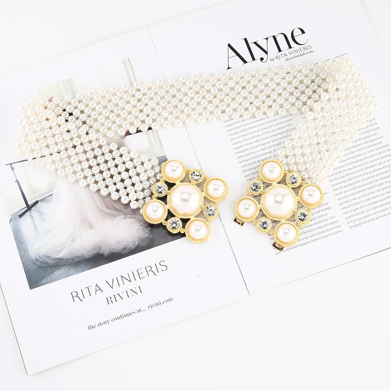 Women'S Sweet Temperament String Pearl Belt Elastic Wide Diamond Waist Seal Retro Skirt Decorative Belt