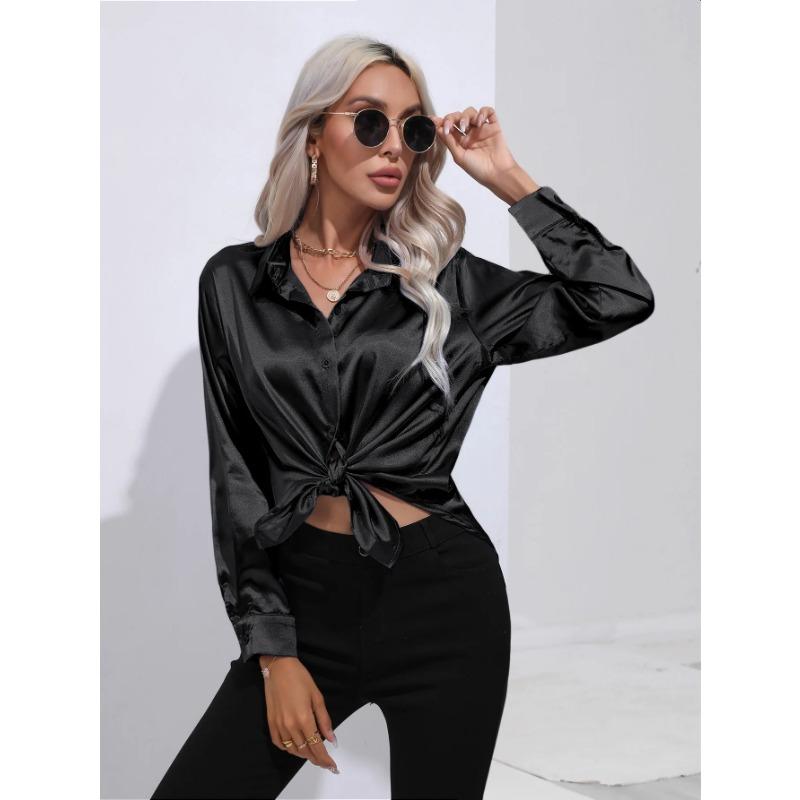 Camisa de mujer de primavera y otoño, blusa de manga corta de satén de Color sólido, camisa con hombros descubiertos