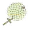 F26C 8mm Glow in the Dark Rosary Necklace Jesus Christ for Cross Pendant Noctilucent Long Chain Catholicism Religious Fashion