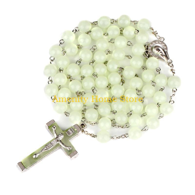 F26C 8mm Glow in the Dark Rosary Necklace Jesus Christ for Cross Pendant Noctilucent Long Chain Catholicism Religious Fashion