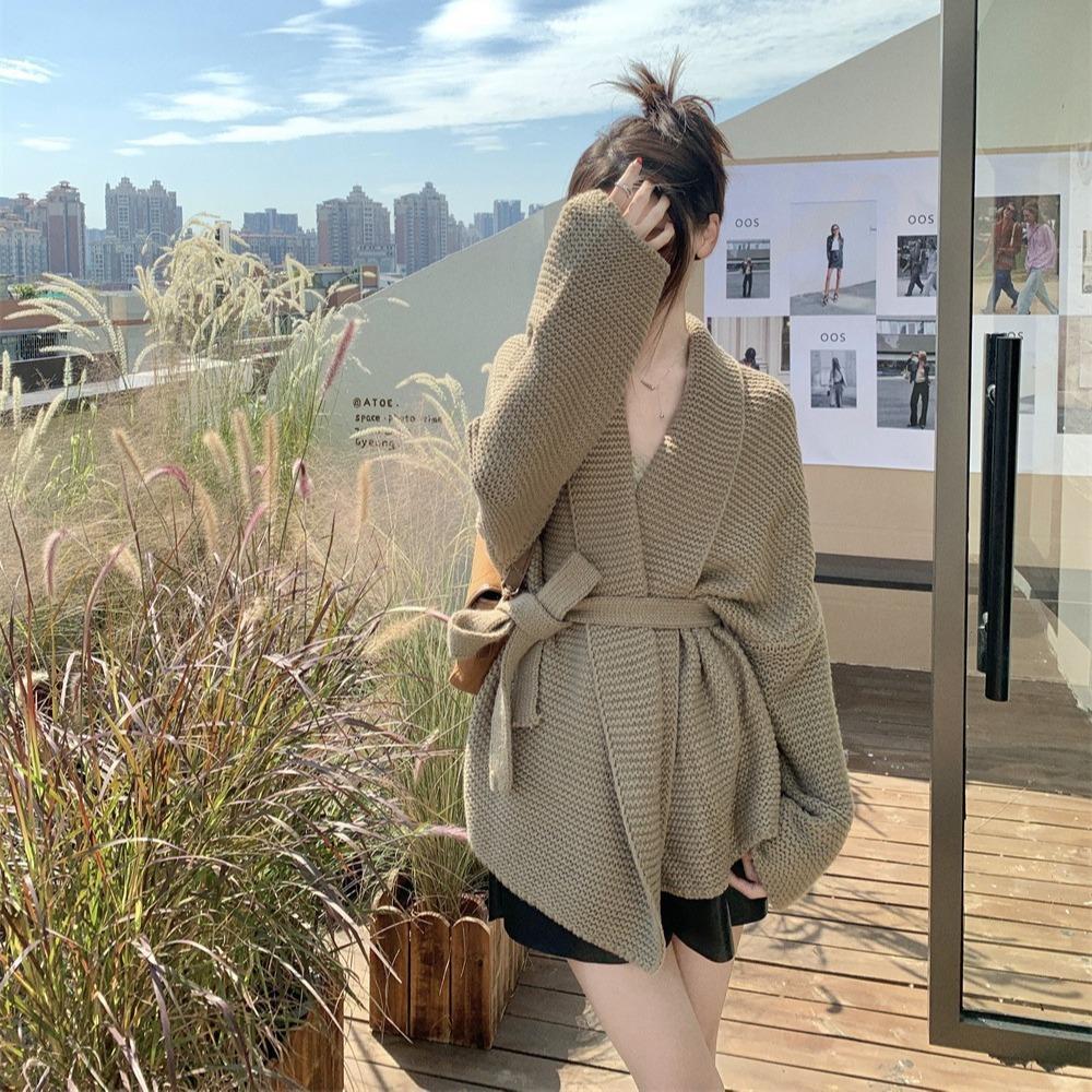 European and American Style Lace-up Bathrobe Style Knitted Sweater Women's Autumn and Winter Lazy Style Loose Sweater Jacket Medium and Long Cardigan