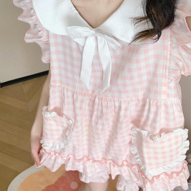 

ins wind sweet lace plaid pajamas women s summer cloud cotton short-sleeved shorts college style loungewear set M