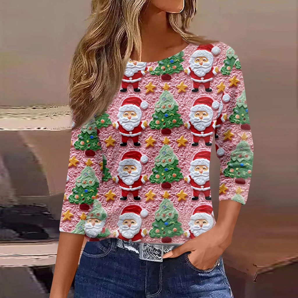 Women's Fashionable Casual Three Quarter Sleeve Christmas Printed Round Neck Top