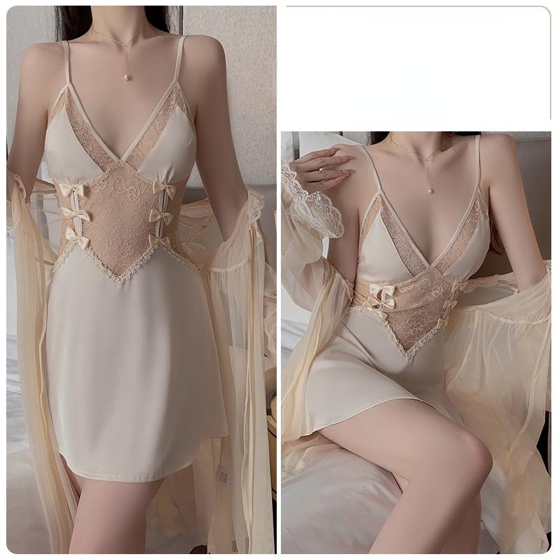 Sexy ryggløs forførende dyp V komfortabel pyjamas sløyfe stropp pyjamas kjole hjemme dress