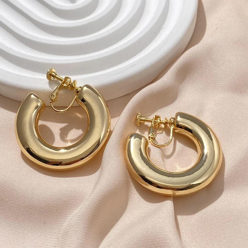 Vintage Oversize Chunky Round Circle Clip Earring for Women C Shape Tube Thick Without Pierced Hoop Earclips Jewelry Trendy