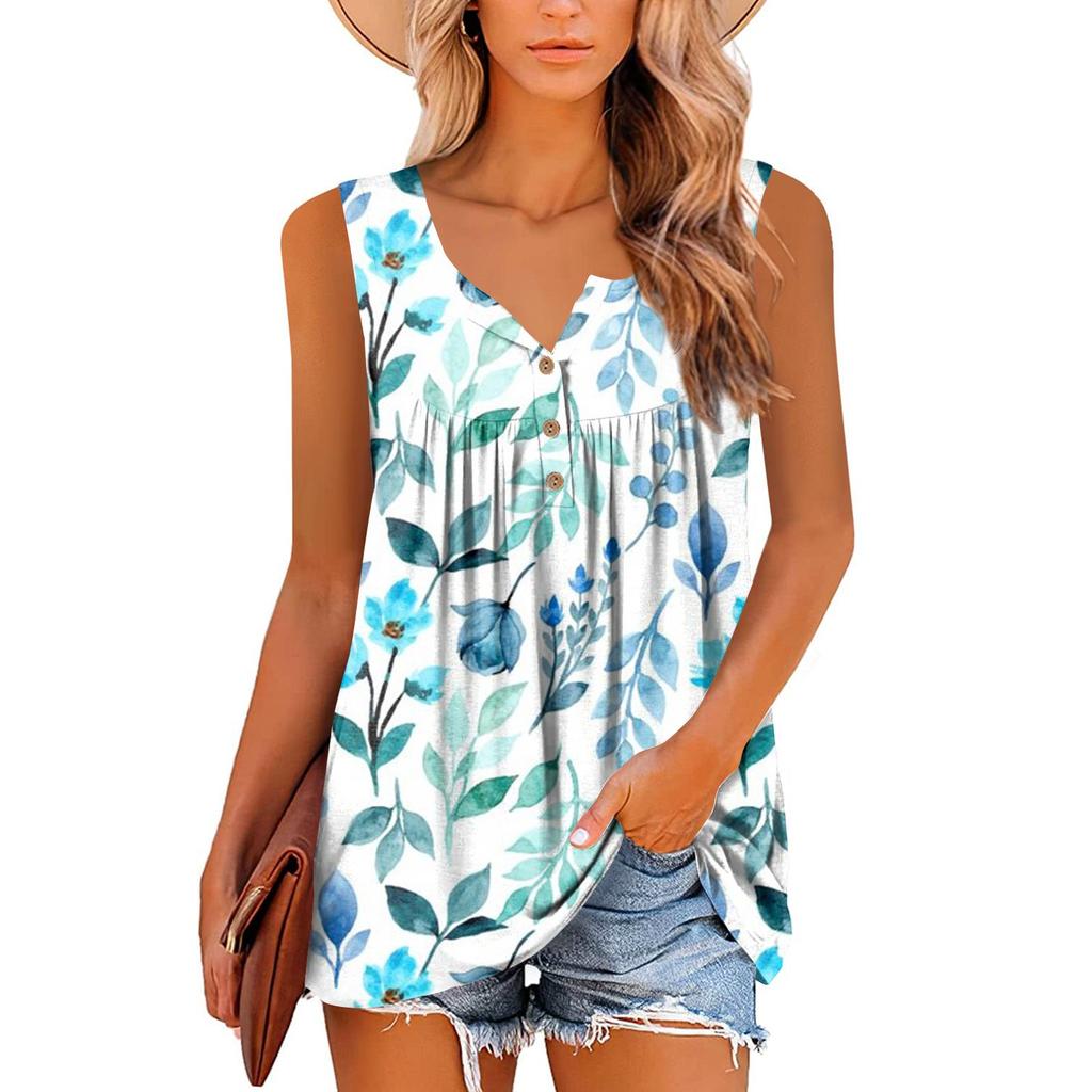 Women's Fashion Floral Printing Pleated Sleeveless Casual T-shirt Vest Button Top