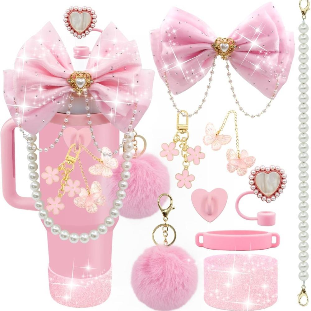 8/9Pcs Pink Tumbler Cup Accessories Silicone Straw Cover Pearl Charm for Cup Decoration Bow Tie Cover