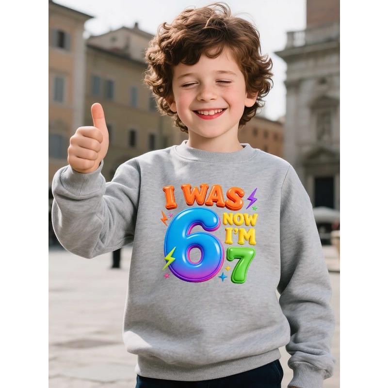 Kids Unisex Crewneck Sweatshirt, I Was 6 Now I'm 7 Rainbow 3D Number Lightning Star Print Long Sleeve Pullover, Sweatshirts for Boys Girls Ages 4+