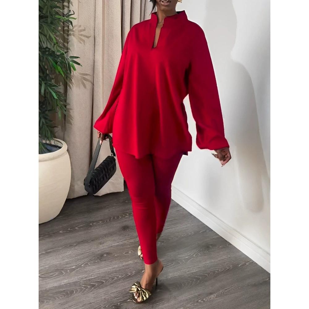 Women's Loose Fit Two-piece Outfit Set Long Sleeve Stand Collar Top Elastic Waist Leggings