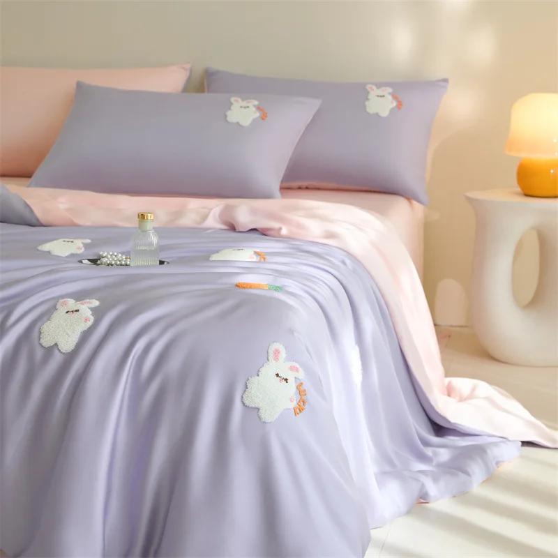 

Summer Cool Washed Ice Silky Bedding Teddy Bear Embroidered Jacquard Duvet Cover Ultra Soft Skin Friendly Bedding for Home Dorm 1.2m 3pcs set