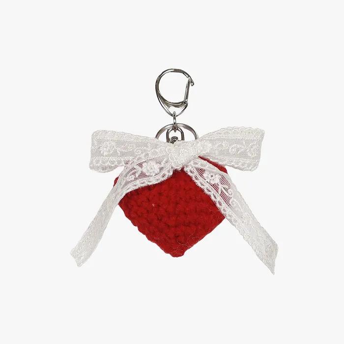 CROCHET HEART RIBBON KEYRING_RED