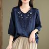 Vintage Hemden Sommer Stickerei Blumenbluse Damen Lässig 3/4 Ärmel Arbeit Blusen Locker Hemd Knöpfe Oberteile