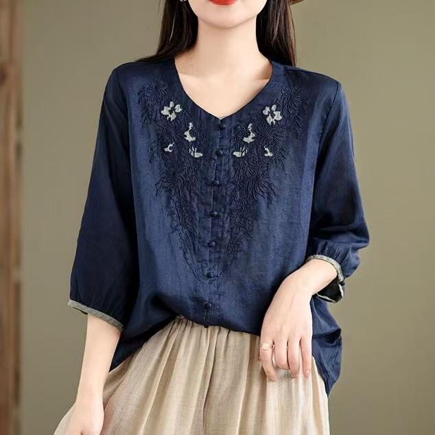 Vintage Hemden Sommer Stickerei Blumenbluse Damen Lässig 3/4 Ärmel Arbeit Blusen Locker Hemd Knöpfe Oberteile