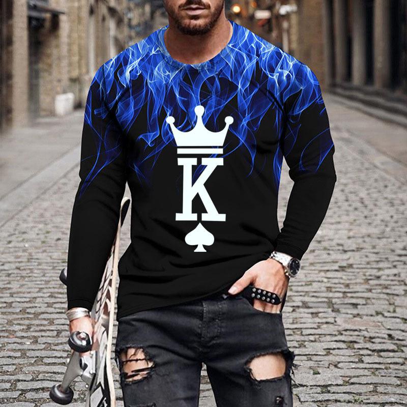 Spring and Autumn Round Neck "King K" Flame Pattern 3D Printed Top Fashionable Casual Long Sleeved Men's T-shirts