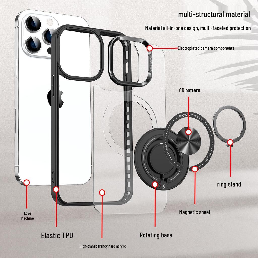 Magnetic Rotating Ring Stand iPhone 17 Pro Max Case, Transparent & Drop-Proof
