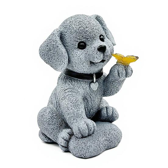 

Garden Dog Statue with Solar Butterfly Light Small Resin Puppy Sculpture Outdoor Waterproof Solar Powered Animal Figurine for Yard Patio Lawn A