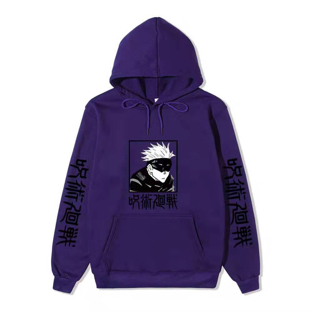 Men Women Fleece Hoodie Gojo Manga Art Two Sleeve Vertical Japanese Characters Casual Anime Hooded Sweatshirt