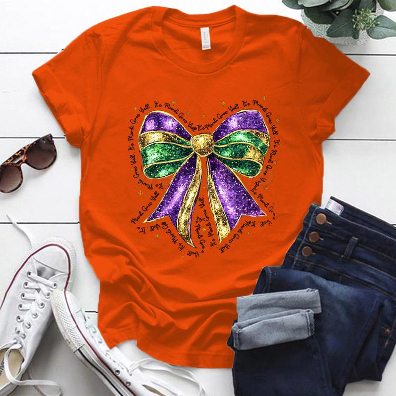 Coquette Bow Mardi Gras Shirt for Women Carnival Glitter Bow Graphic Tee Fat Tuesday Shirt Mardi Gras Party Crew Neck Clothing