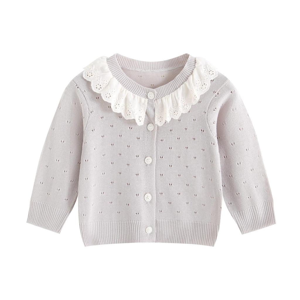 Baby Girl INS Style Hollow Knit Cardigan with Doll Collar - Spring/Autumn Long Sleeve Sweater