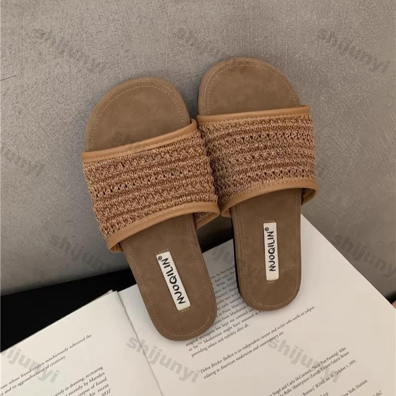 Fashion Women Sandals 2025 Summer Vintage Weave One Word Flat Slippers Fashion Outdoor Lightweight Comfortable Soft Sole Casual Shoes