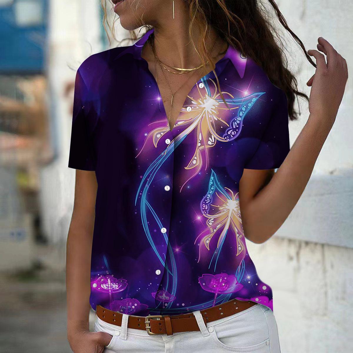 

2025 Summer New Fashion Women s Butterfly Printed Short Sleeve V-neck Casual Button-down Shirt Top XS фіолетовий