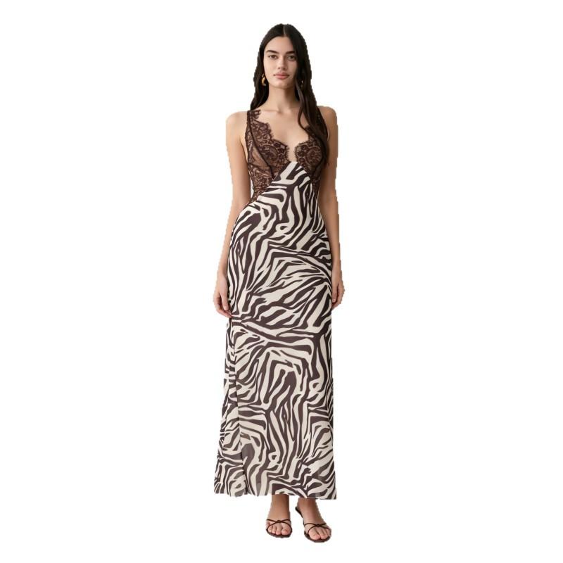 Womens Zebra Print Lace Spliced Bodycon Slip Dress With Side Slit V-Neck Maxi