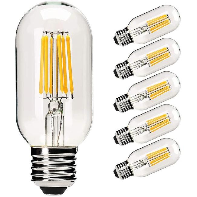Dimmable T45 LED Edison Bulb,2700K Warm White,6W Antique Tubular LED Filament Bulbs,60 Watt Equivalent E26 Base,550Lm,Pack of 6