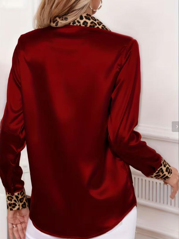 Leopard Print Satin Patchwork Long Sleeve Shirt for Women