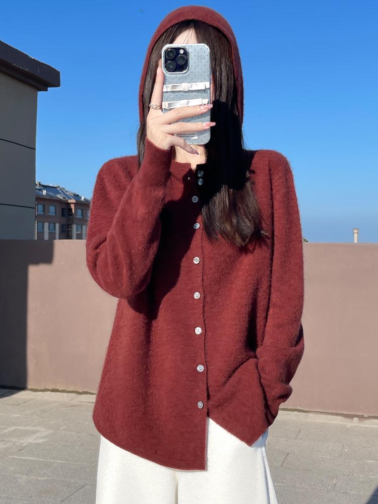 Pure Wool Women's Autumn/Winter 2024 Round Neck Hooded Button-Up Knit Cardigan Sweater Coat