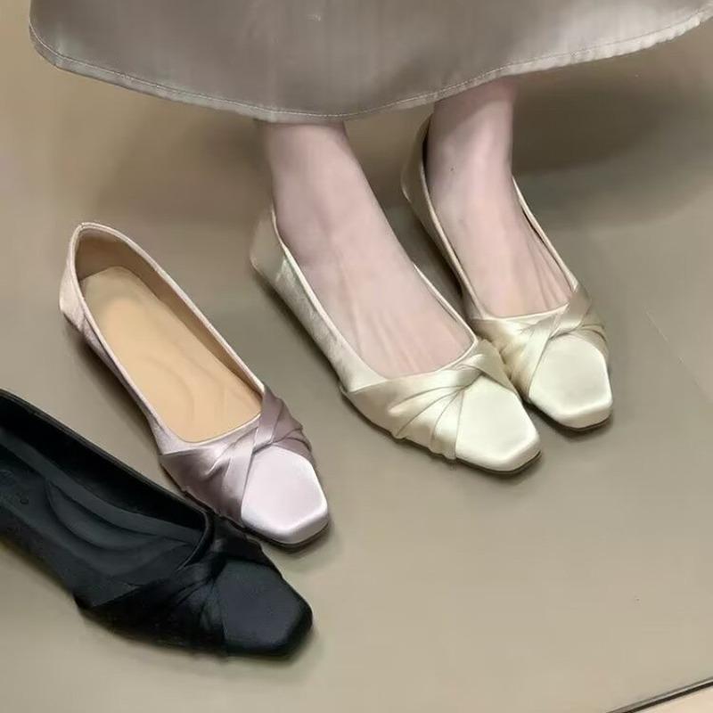 Flat Shoes for Women Square Head Pu Leather 2025 Spring Summer New Casual Loafers for Ladies Apricot Solid Color