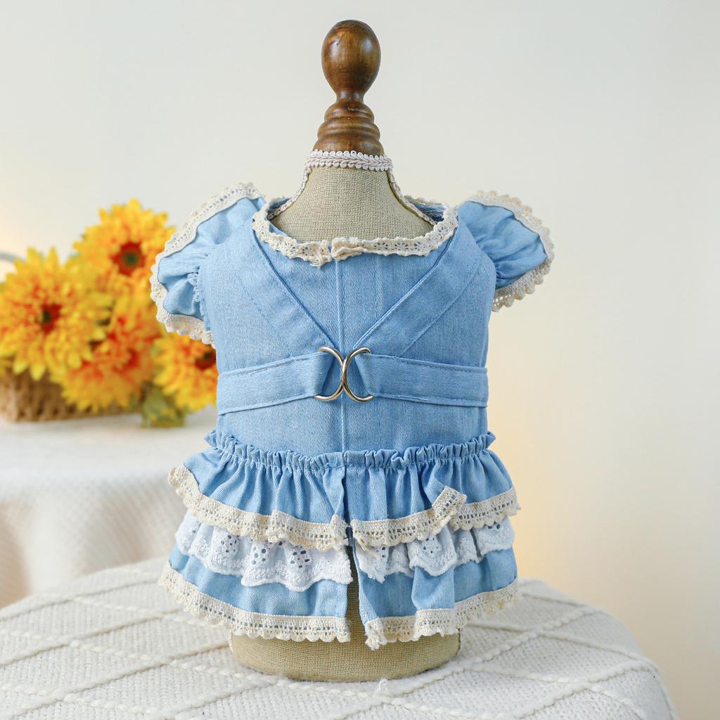 Pet circle dog cat clothes pocket skirt collection denim flower medium and small dog small red flower strap dress