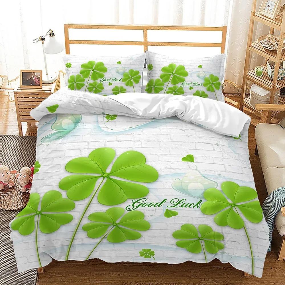 Lucky Green Leaves Duvet Cover King Queen Size Four Leaf Shamrock Clover Irish Culture Bedding Set Soft Polyester