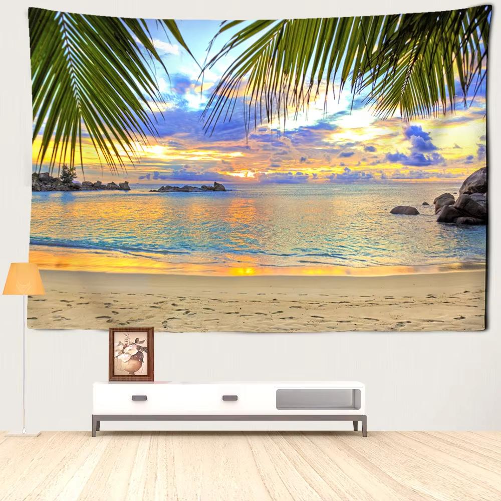 VIKAMA Summer Tropical Beach Sunset Panoramic Tapestry Flower Living Room Bedroom Vacation Style Cozy Relaxing Space Arrangement