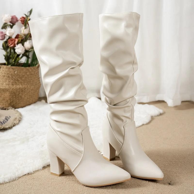 Spring Autumn Women Knee Boots Pleated Thigh Long Booties Sexy Pointed Toe Thick Heeled Black Botas