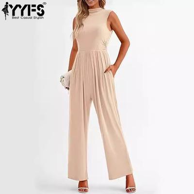 Women's Fashion Casual Summer Spring Solid Color Print Sleeveless O-Neck High Waist Trousers Jumpsuits & Rompers