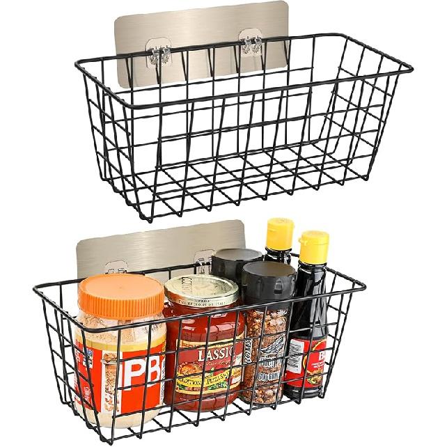 2 Pack Hanging Wall Basket Wire Storage Baskets, Adhesive Basket for Cabinet Door Organizer No Drilling, Hanging Fruit Baskets for Kitchen, Pantry No Drilling,2pack