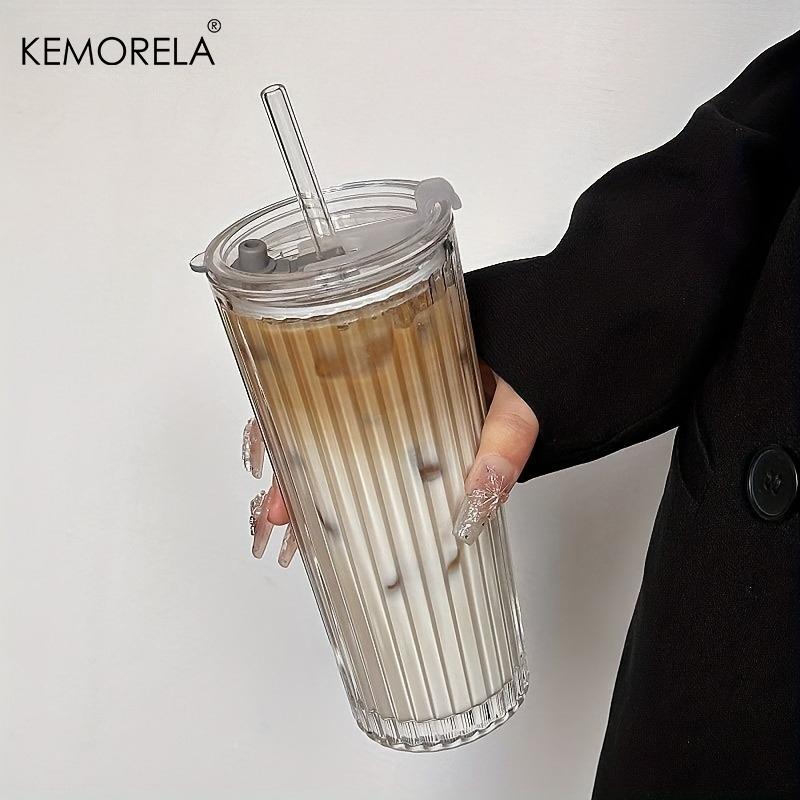 1PCS Crystal Grid Glass Tumbler with Straw & Lid Diamond or Vertical Stripe Texture Large Capacity Reusable Cup for Iced Coffee