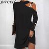 BITCED Women's Fashion Spring Autumn Solid Color Print Long Sleeve High Waist Casual Dresses