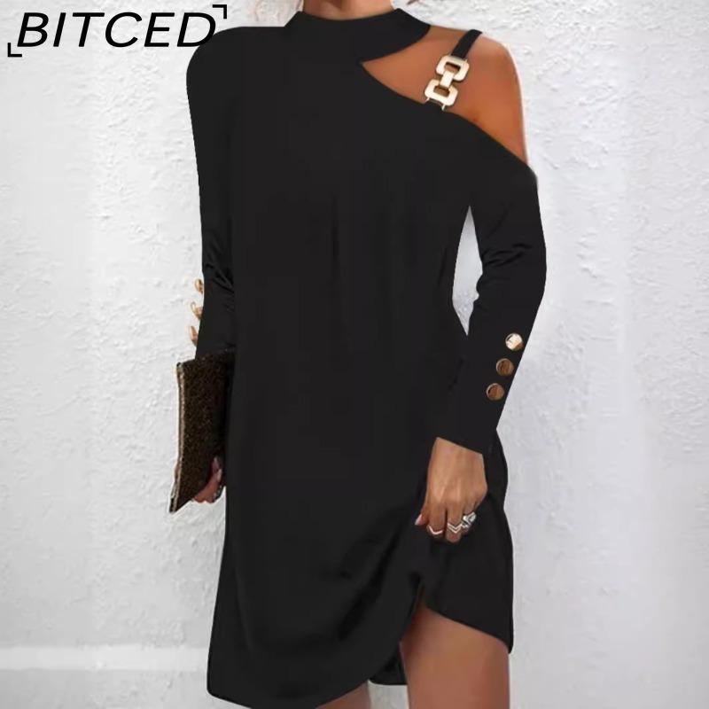 BITCED Women's Fashion Spring Autumn Solid Color Print Long Sleeve High Waist Casual Dresses