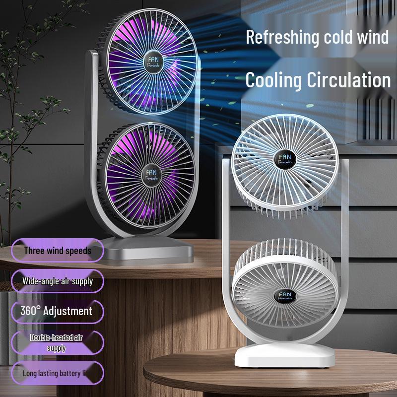 USB Rechargeable Dual-Head Silent Desktop Fan for Home and Office White [Rechargeable]