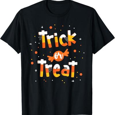 MenS Halloween Trick Treat Graphic TShirt  Black with Yellow  Orange Candy Print Short Sleeve Casual Round Neck
