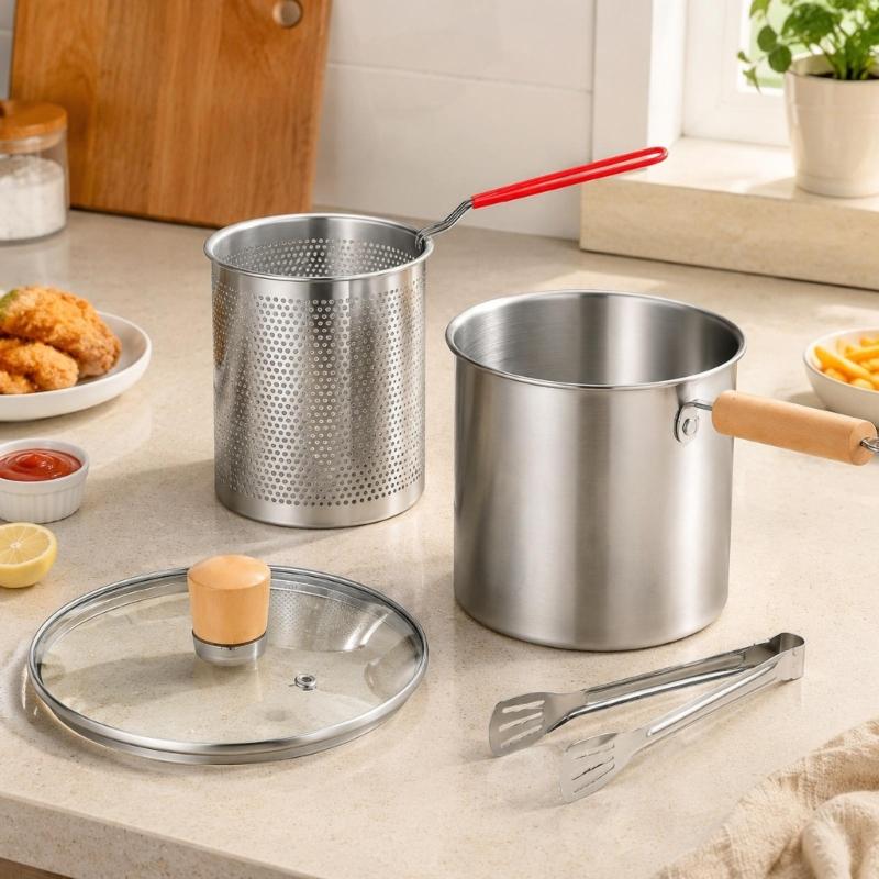 Perforated Insert Cooking Vessel with Metal Body, Glass Cover and Food Handling Tool for Raising Ready Items from Oil During Daily Meal Preparation