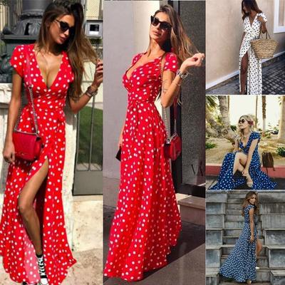 4 Farben Damenmode Boho Langes Punktkleid Langes Kleid Hoher Schlitz Bedrucktes Strandkleid Übergröße S-5XL