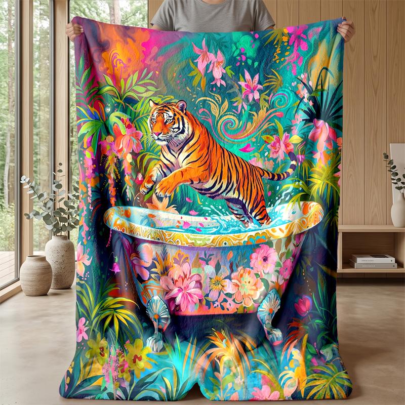 Tiger In Floral Bathtub 3 Theme Blanket Lightweight Warm Flannel Blanket Decorative Throw Blanket for Home Decoration