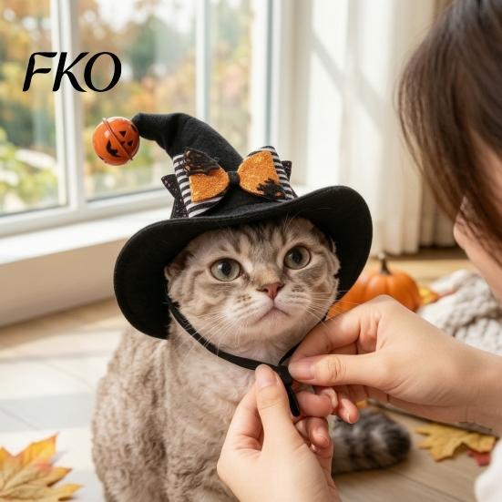 Halloween Pet Accessories Cat Wizard Hat, Bent Pointed Hat with Pumpkin Bell, Festive Costume Sequined Bow for Cats Small Dogs