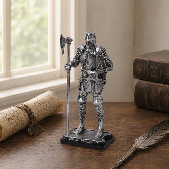 Medieval Knight Figurine, Vintage Resin Statue with Metallic Finish, Handcrafted Armor & Shield Details for Bookshelf, Office Desk Decor, Industrial